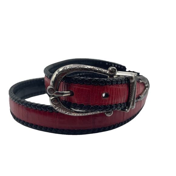 Brighton Reversible Leather Belt Size 32 Black & Red Croc Embossed Pattern - Picture 2 of 10